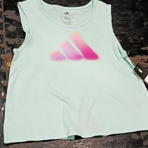 Adidas Blue Sleeveless Top with Open Back Gradient Pink Logo Nwt Girls Nwt
